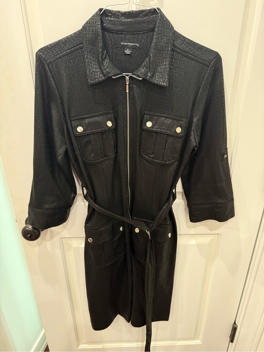 Sharagano Black Faux-Leather Belted Trench Dress Coat